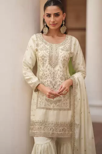 Off white silk satin embroidered designer sharara suit