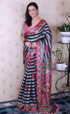 tussar silk blend striped traditional printed zari woven saree 1
