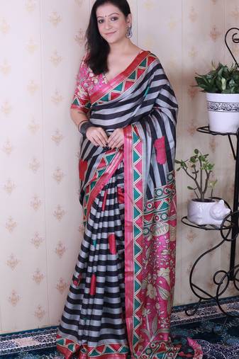 tussar silk blend striped traditional printed zari woven saree