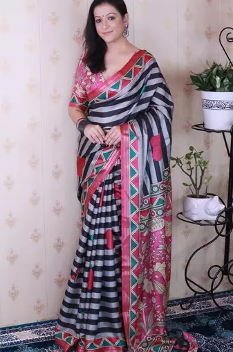 tussar silk blend striped traditional printed zari woven saree