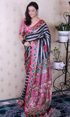 tussar silk blend striped traditional printed zari woven saree 2