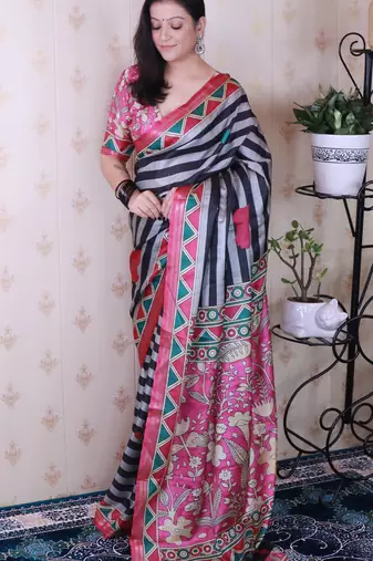 tussar silk blend striped traditional printed zari woven saree
