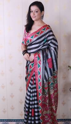 tussar silk blend striped traditional printed zari woven saree 3