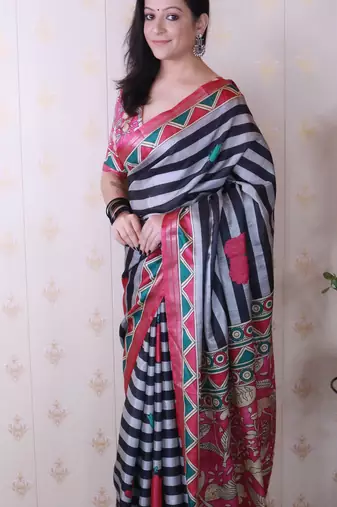 tussar silk blend striped traditional printed zari woven saree
