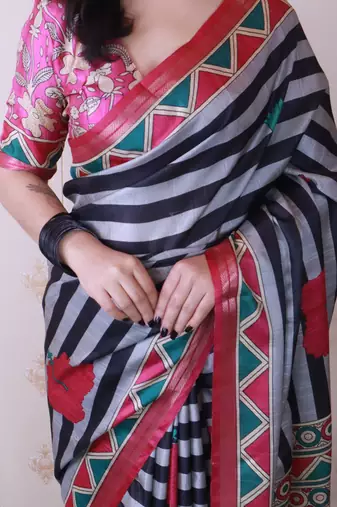 tussar silk blend striped traditional printed zari woven saree