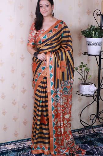 tussar silk blend striped traditional printed zari woven saree