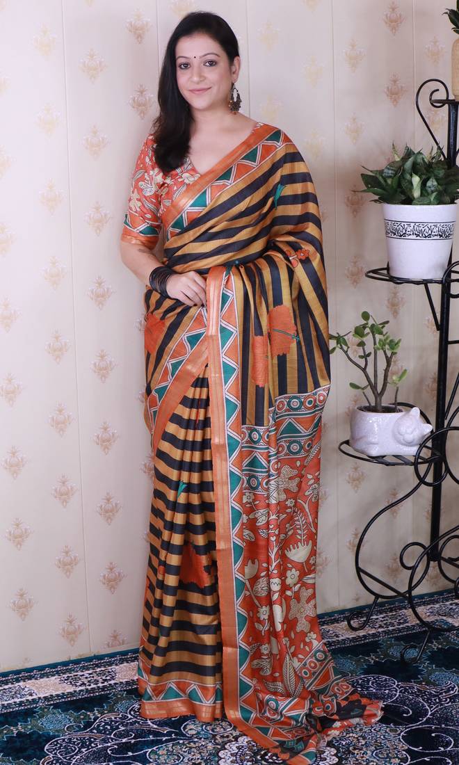 tussar silk blend striped traditional printed zari woven saree