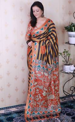 tussar silk blend striped traditional printed zari woven saree 2