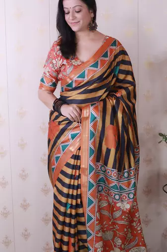 tussar silk blend striped traditional printed zari woven saree