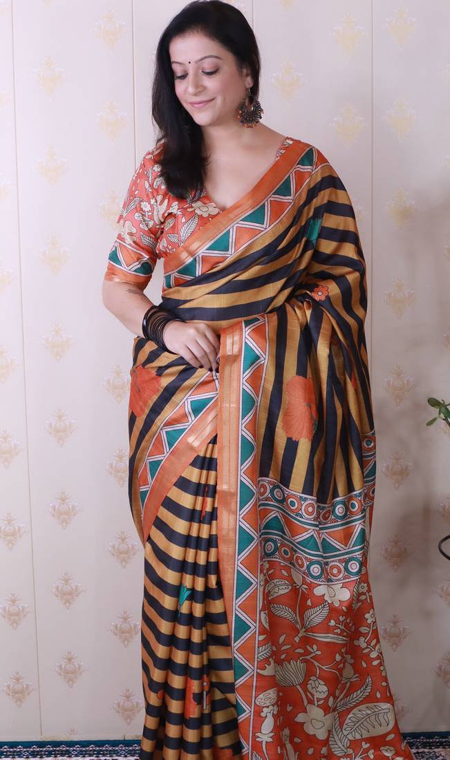 tussar silk blend striped traditional printed zari woven saree