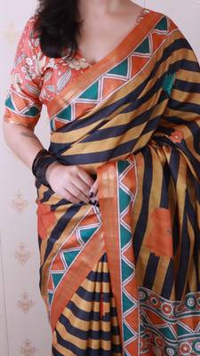 tussar silk blend striped traditional printed zari woven saree 4