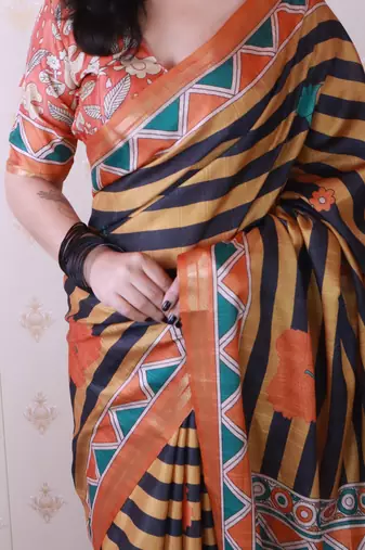 tussar silk blend striped traditional printed zari woven saree