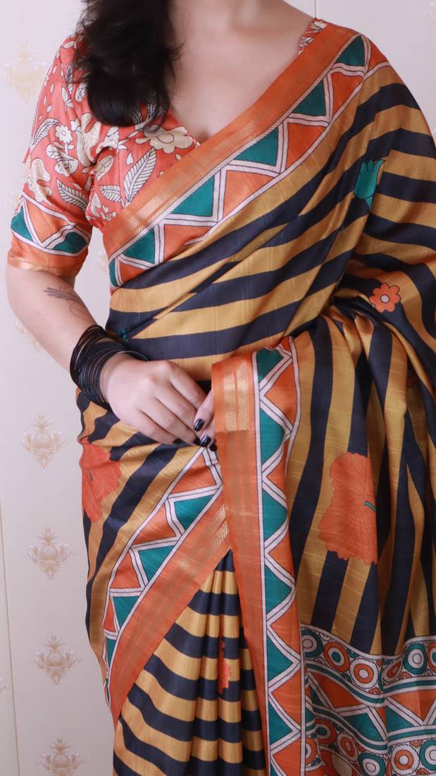 tussar silk blend striped traditional printed zari woven saree