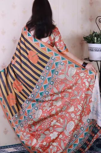 tussar silk blend striped traditional printed zari woven saree