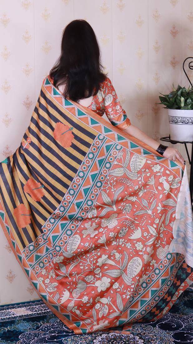 tussar silk blend striped traditional printed zari woven saree