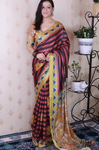 tussar silk blend striped traditional printed zari woven saree