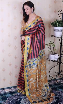 tussar silk blend striped traditional printed zari woven saree 2