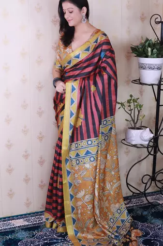 tussar silk blend striped traditional printed zari woven saree