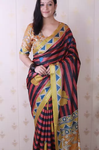 tussar silk blend striped traditional printed zari woven saree