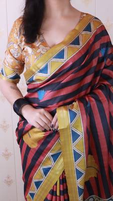 tussar silk blend striped traditional printed zari woven saree 4