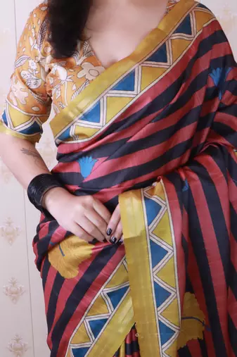 tussar silk blend striped traditional printed zari woven saree