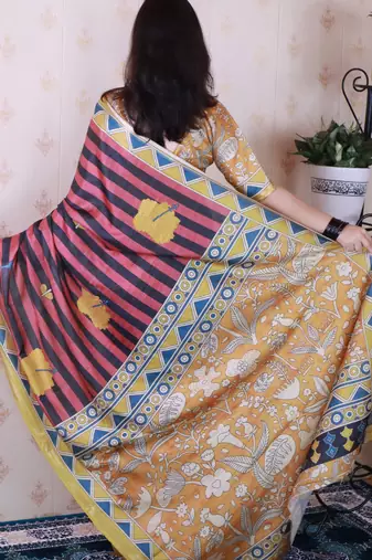 tussar silk blend striped traditional printed zari woven saree