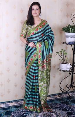 tussar silk blend striped traditional printed zari woven saree 1