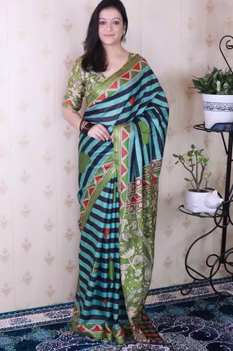tussar silk blend striped traditional printed zari woven saree