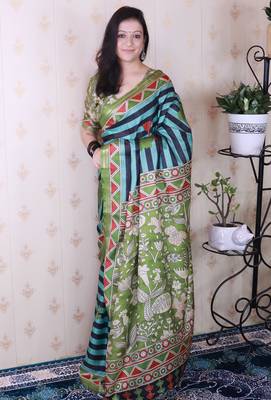 tussar silk blend striped traditional printed zari woven saree 2