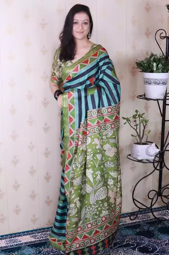 tussar silk blend striped traditional printed zari woven saree