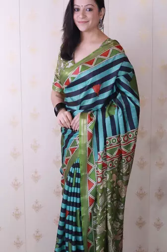 tussar silk blend striped traditional printed zari woven saree
