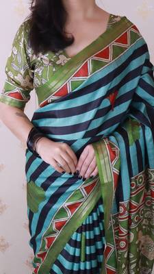 tussar silk blend striped traditional printed zari woven saree 4