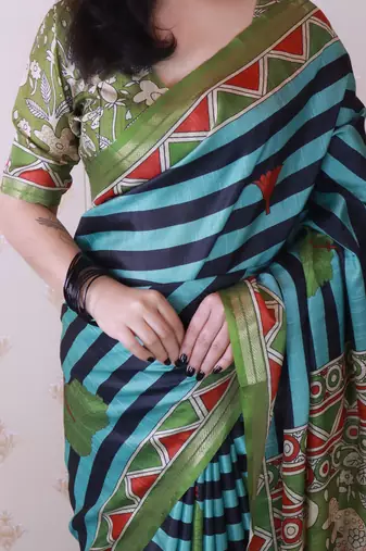 tussar silk blend striped traditional printed zari woven saree