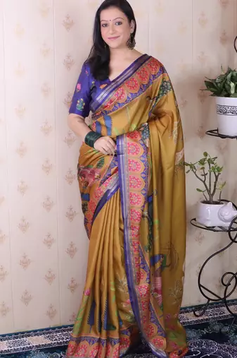 soft tussar silk blend pichwai traditional printed zari woven saree