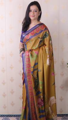 soft tussar silk blend pichwai traditional printed zari woven saree 2