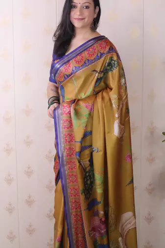 soft tussar silk blend pichwai traditional printed zari woven saree