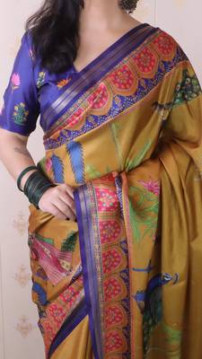 soft tussar silk blend pichwai traditional printed zari woven saree 3