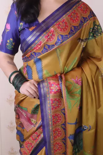 soft tussar silk blend pichwai traditional printed zari woven saree