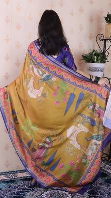 soft tussar silk blend pichwai traditional printed zari woven saree 4