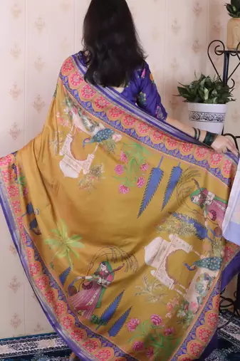 soft tussar silk blend pichwai traditional printed zari woven saree
