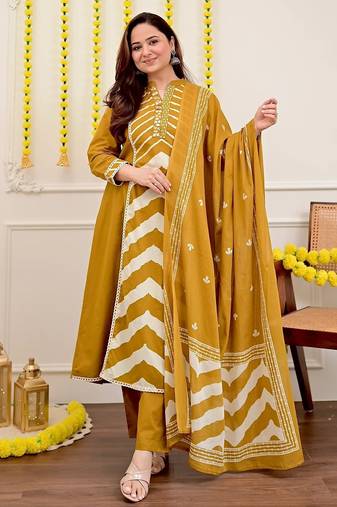 Mustard Yellow Embroidered Cotton Kurta Set with Dupatta