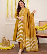 Mustard Yellow Embroidered Cotton Kurta Set with Dupatta