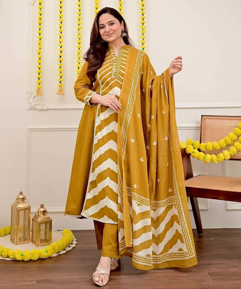 Mustard Yellow Embroidered Cotton Kurta Set with Dupatta