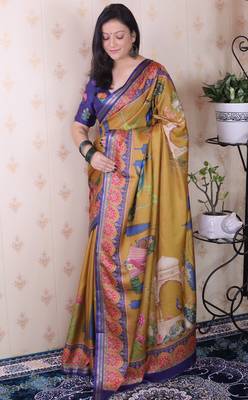 soft tussar silk blend pichwai traditional printed zari woven saree 5