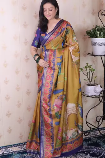 soft tussar silk blend pichwai traditional printed zari woven saree