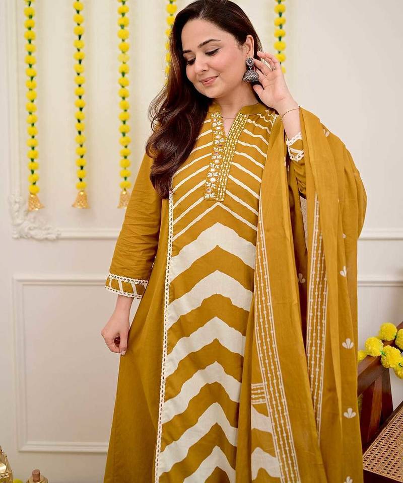 Mustard Yellow Embroidered Cotton Kurta Set with Dupatta