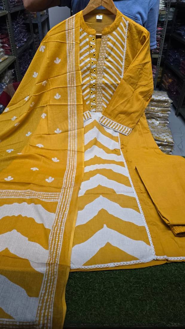 Mustard Yellow Embroidered Cotton Kurta Set with Dupatta