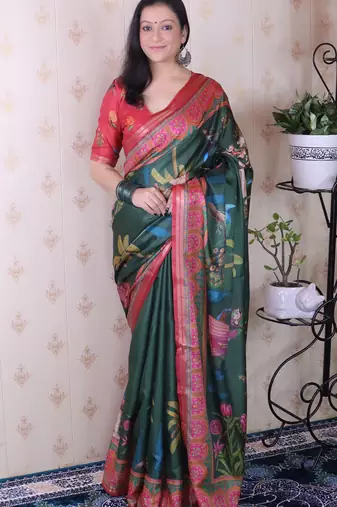 soft tussar silk blend pichwai traditional printed zari woven saree