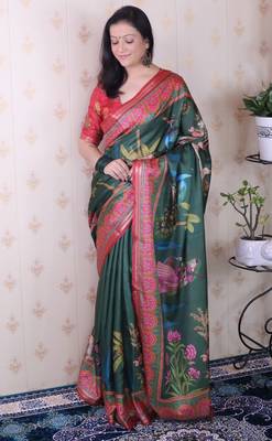 soft tussar silk blend pichwai traditional printed zari woven saree 2