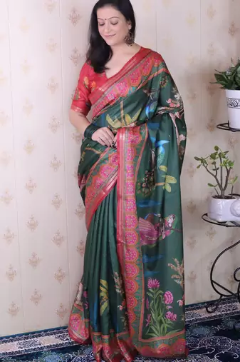 soft tussar silk blend pichwai traditional printed zari woven saree